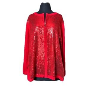 Quacker Factory Long Sleeve Red Sequin Embellished Zipper Front Cardigan Size 1X